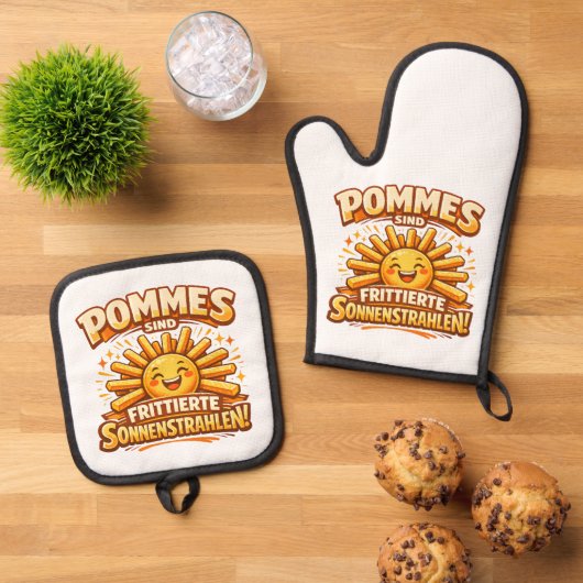 Pommes sind frittierte Sonnenstrahlen -  Ofenhandschuh & Topflappen-Set (Oben Unten)