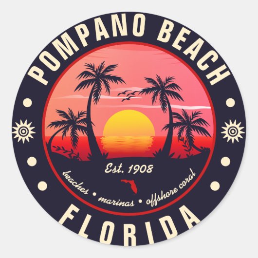 Pompano Beach Florida Retro Sunset Souvenir Runder Aufkleber (Vorderseite)