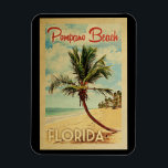 Pompano Beach Palm Tree Vintage Travel Magnet<br><div class="desc">Ein einzigartiges Retro-Design aus der Mitte des Jahrhunderts in Pompano Beach Florida. Es verfügt über eine geschwungene Palme am Sandstrand mit Ozean unter einem blauen bewölkten Himmel.</div>