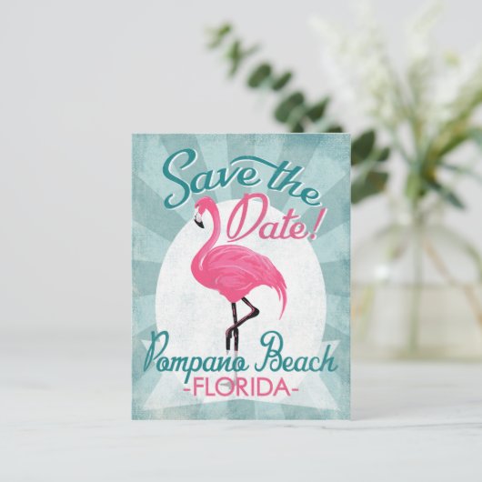 Pompano Beach Save the Date Pink Flamingo Ankündigungspostkarte (Stehend Vorderseite)