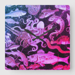 POMPEII SAMMLUNG MEERESLEBEN Rosa blaues Nautikum Quadratische Wanduhr