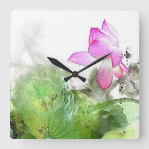 POND LOTUS l Chinese Brush Malerei Art Quadratische Wanduhr