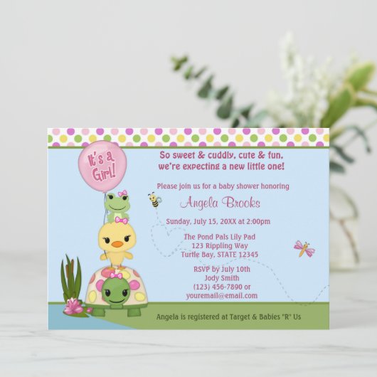 Pond Pals Baby Shower Einladung Duck Frog GIRLS (Stehend Vorderseite)