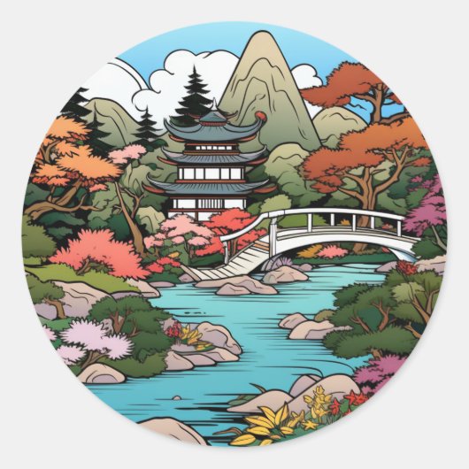 Pondside Serenity: Temple und Bridge Sticker (Vorderseite)