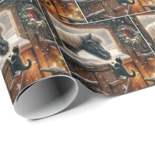 Pony and Kitten in Weihnachtsstall Geschenkpapier (Rolleneckpunkt)