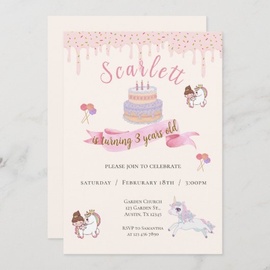 Pony-Einladung zum 3. Geburtstag Einladung (Vorne/Hinten)