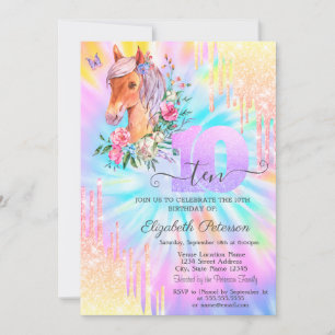 Pony Floral Glitter Drips Tie Dye 10. Geburtstag Einladung
