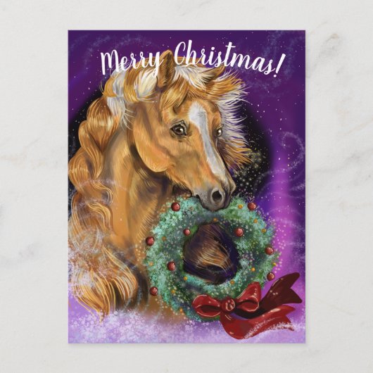 Pony mit Weihnachtskranz Postkarte (Vorderseite)