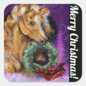 Pony mit Weihnachtskranz Quadratischer Aufkleber (Vorderseite)