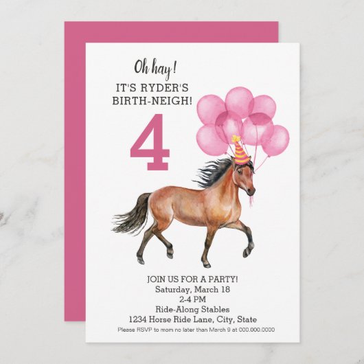Pony Ride Birthday Party // Pferd Birth-neigh Einladung (Vorne/Hinten)