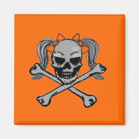 Ponyschwanzschädel und Kreuzknochen mit orangefarb Magnet (Vorne)