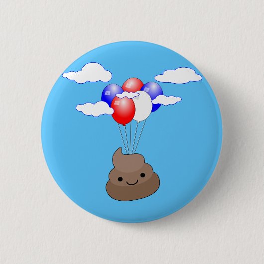 Poo Emoji fliegen mit Balloons in blauem Himmel Button (Vorderseite)