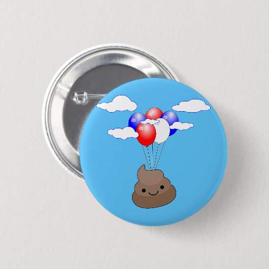 Poo Emoji fliegen mit Balloons in blauem Himmel Button (Vorne & Hinten)
