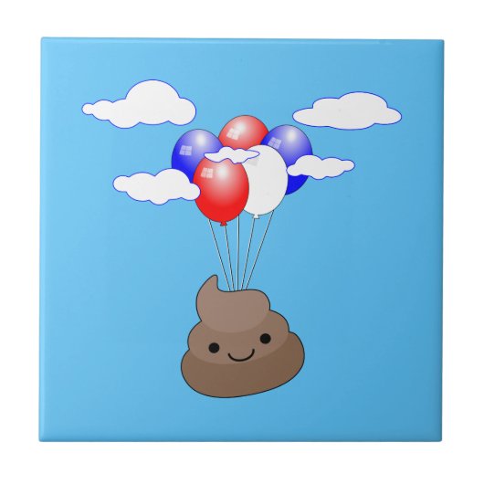 Poo Emoji fliegen mit Balloons in blauem Himmel Fliese (Vorderseite)