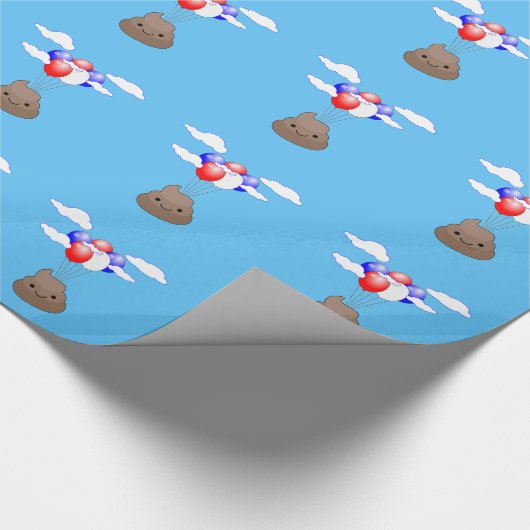 Poo Emoji fliegen mit Balloons in blauem Himmel Geschenkpapier (Ecke)