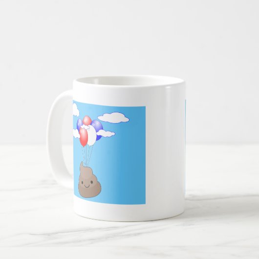 Poo Emoji fliegen mit Balloons in blauem Himmel Kaffeetasse (Vorderseite Links)