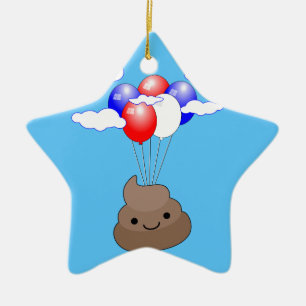 Poo Emoji fliegen mit Balloons in blauem Himmel Keramik Ornament
