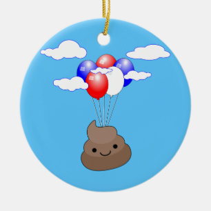 Poo Emoji fliegen mit Balloons in blauem Himmel Keramikornament