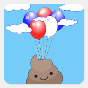 Poo Emoji fliegen mit Balloons in blauem Himmel Quadratischer Aufkleber