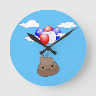 Poo Emoji fliegen mit Balloons in blauem Himmel Runde Wanduhr