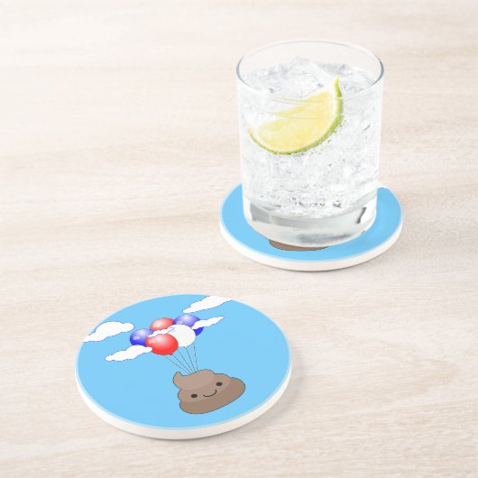 Poo Emoji fliegen mit Balloons in blauem Himmel Sandstein Untersetzer (Seite)