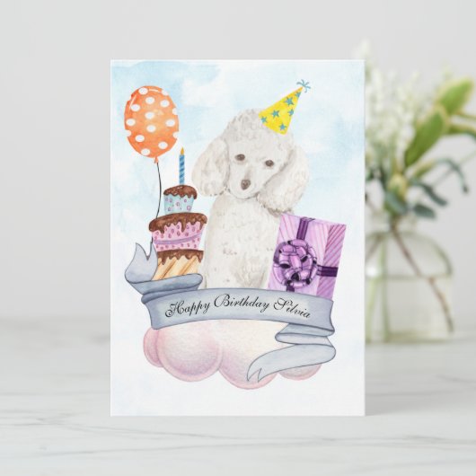 Poodle auf der Cloud Happy Birthday Card (Stehend Vorderseite)