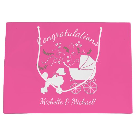 Poodle Baby Dusche Rosa Große Geschenktüte (Vorderseite)