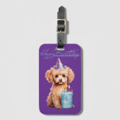 Poodle Birthday Hat Cake Purple Luggage Tag Gepäckanhänger (Vorderseite Vertikal)