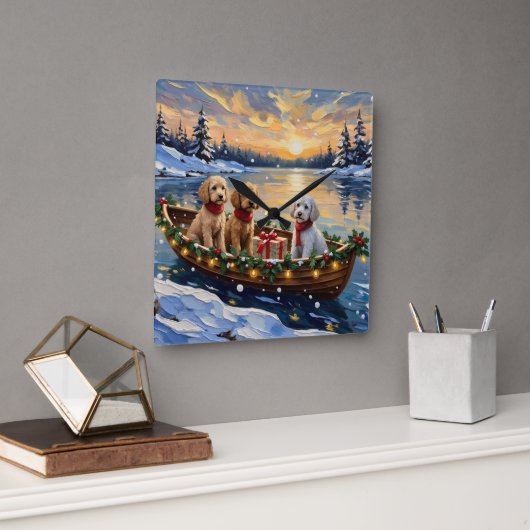 Poodle Christmas Boat Holiday Quadratische Wanduhr (Büro)
