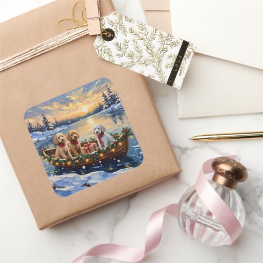 Poodle Christmas Boat Holiday Quadratischer Aufkleber (Schenken)