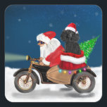 Poodle Christmas Quadratischer Aufkleber<br><div class="desc">Ein Weihnachtsmann,  der mit dem Fahrrad Weihnachtsbaum und den Poodle Hund als Geschenk liefert,  ist ein ideales Weihnachtsgeschenk für jemanden,  der diese Hundezüchtung Liebe hat.</div>