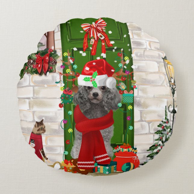 Poodle Christmas Rundes Kissen (Vorderseite)