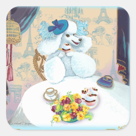 Poodle Cupcake Tee Party Quadratischer Aufkleber (Vorderseite)