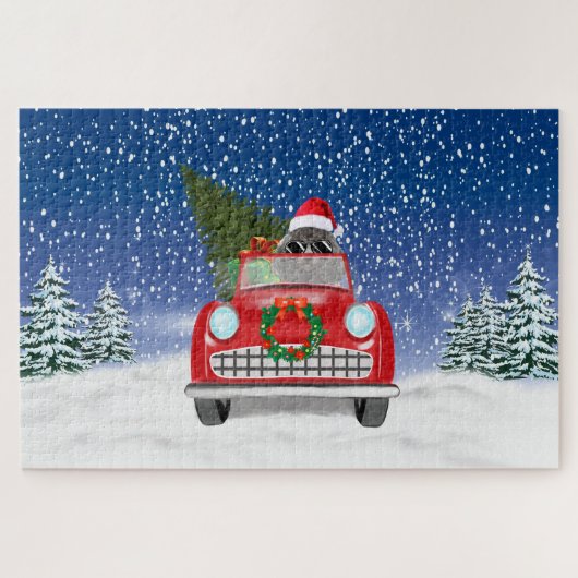 Poodle Dog Autofahrer im Schnee Weihnachten Puzzle (Horizontal)