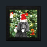 Poodle Dog Christmas Tree Snowman Red Weihnachtsma Schmuckschachtel<br><div class="desc">Niedlicher Poodle Hund mit roter Weihnachtsmannmütze mit Weihnachtsbaumschneedekor im Hintergrund.</div>