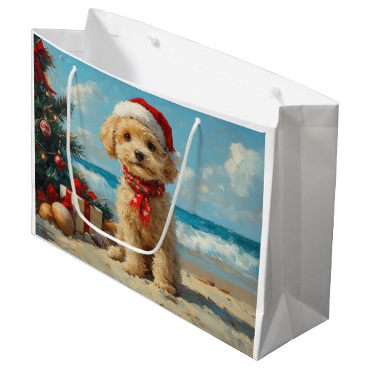 Poodle Dog Christmas Vintag Beach Große Geschenktüte (Vorderseite Schrägansicht)