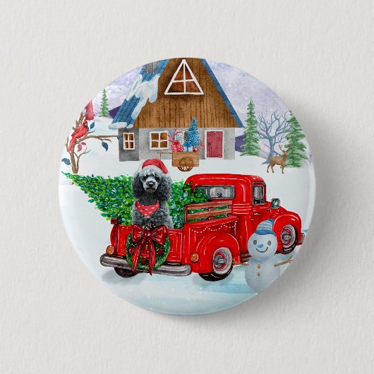 Poodle Dog in Christmas Delivery LKW Schnee Button (Vorderseite)
