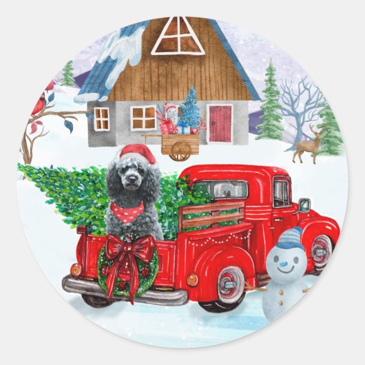 Poodle Dog in Christmas Delivery LKW Schnee Runder Aufkleber (Vorderseite)