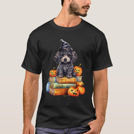 Poodle Dog on Book Pumpkin Fall Halloween Library T-Shirt (Vorderseite)