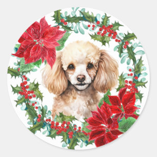 Poodle Dog Poinsettia Holly Weihnachtskranz Runder Aufkleber