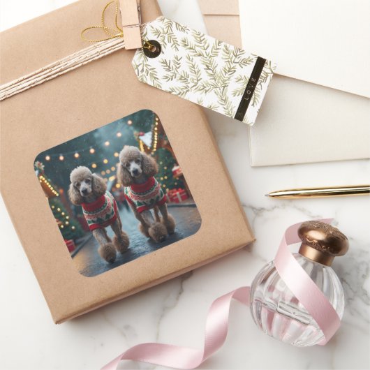 Poodle Dogs Christmas Snow Holiday Quadratischer Aufkleber (Schenken)
