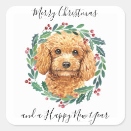 Poodle Elegant Dog Wreath Frohe Weihnachten Quadratischer Aufkleber