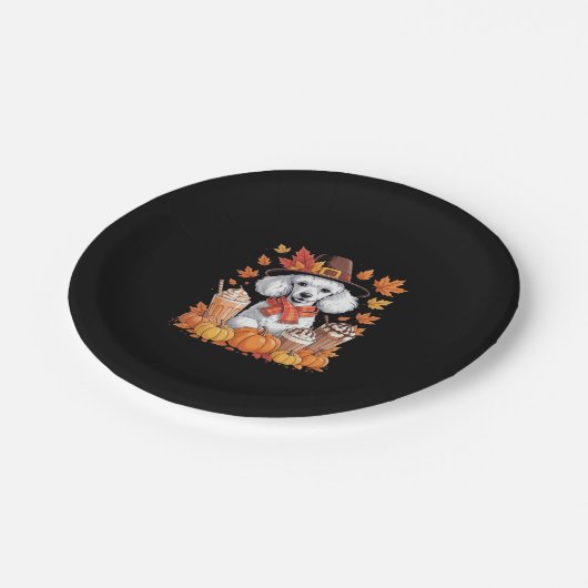 Poodle Erntedank Drinks Kaffee Herbstlaub Pump Pappteller (Schrägansicht)