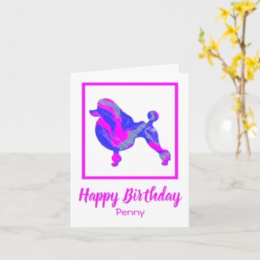 Poodle Französisch Pink & Blue Silhouette Hund Fun Karte (Gelbe Blume)
