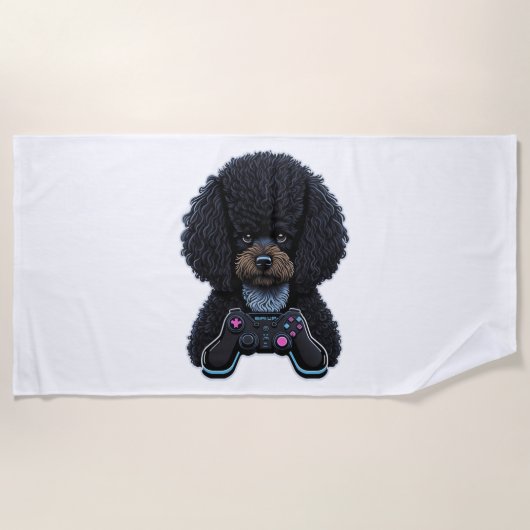 Poodle Gamer mit Joystick Strandtuch (Vorderseite)
