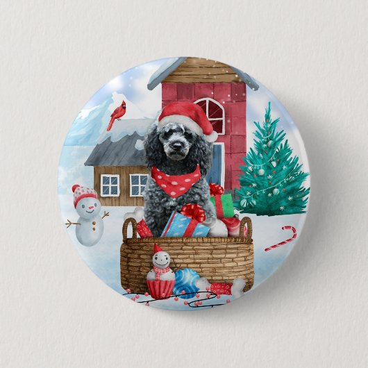 Poodle Hund im Schnee Weihnachtshaus Button (Vorderseite)