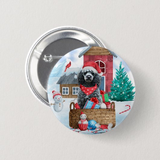 Poodle Hund im Schnee Weihnachtshaus Button (Vorne & Hinten)