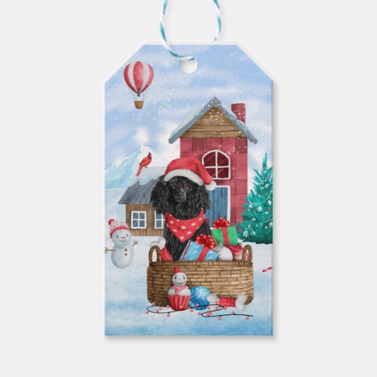 Poodle Hund im Schnee Weihnachtshaus Geschenkanhänger (Vorderseite)