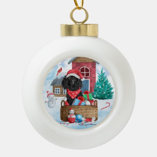 Poodle Hund im Schnee Weihnachtshaus Keramik Kugel-Ornament (Vorderseite)
