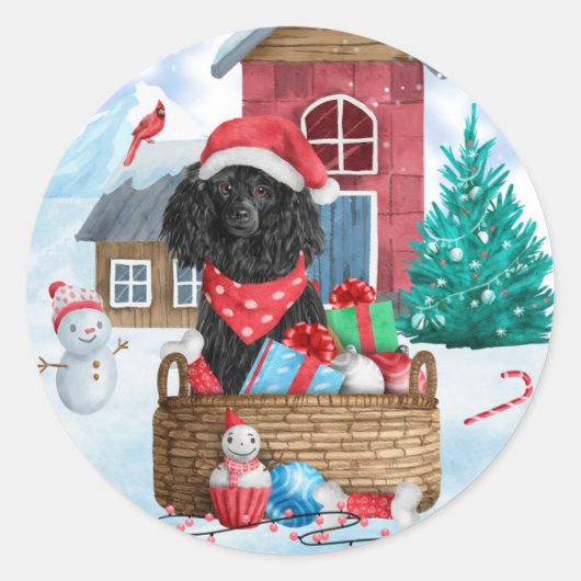 Poodle Hund im Schnee Weihnachtshaus Runder Aufkleber (Vorderseite)